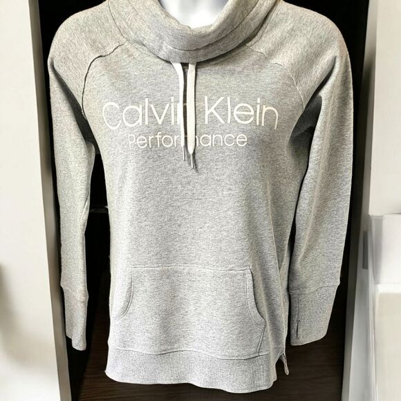 CALVIN KLEIN Women's Cowl Neck Gray & White Performance Pullover Sweatshirt - Picture 1 of 12